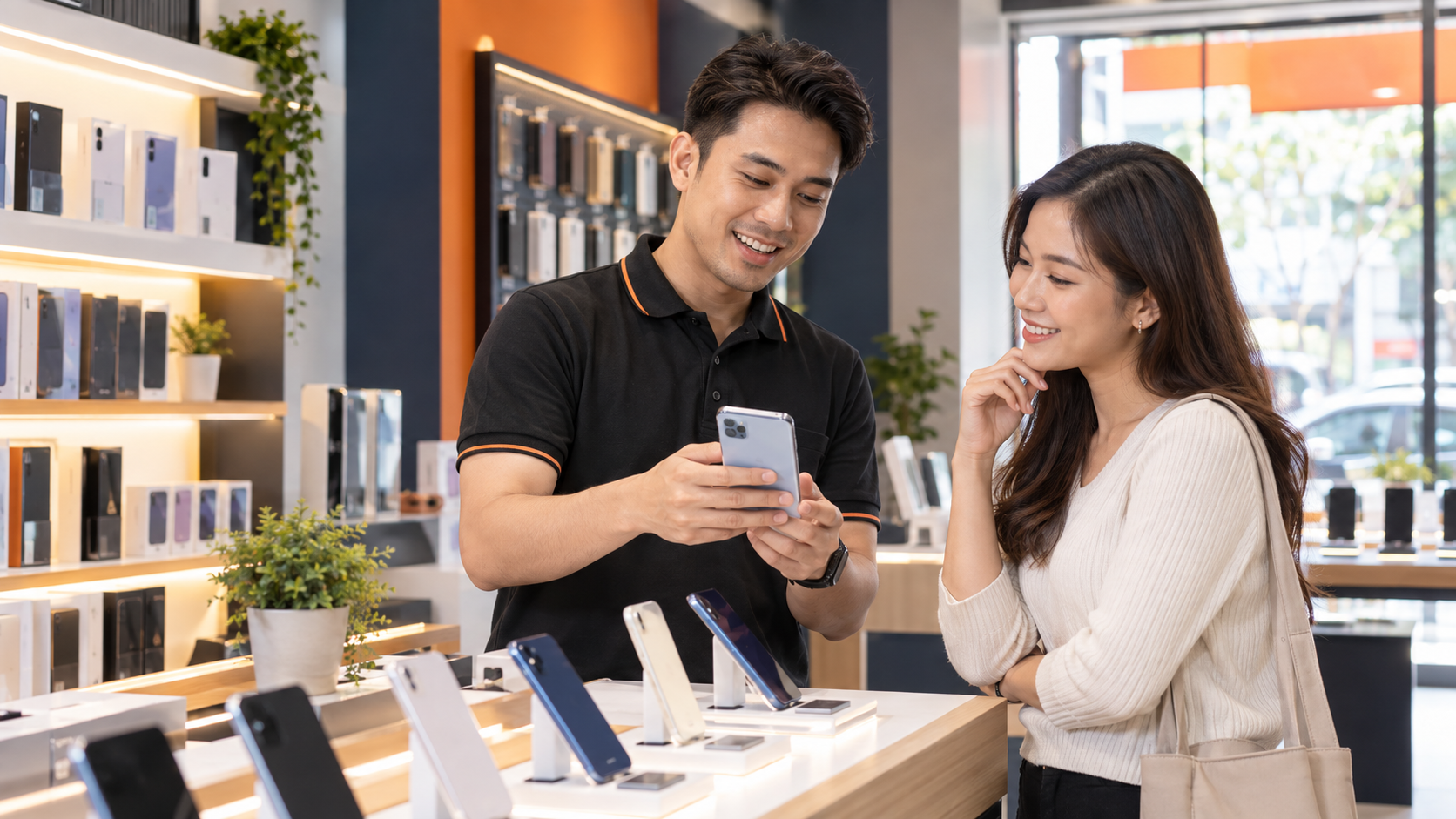 Mobile phone dealer assisting a customer in a phone shop