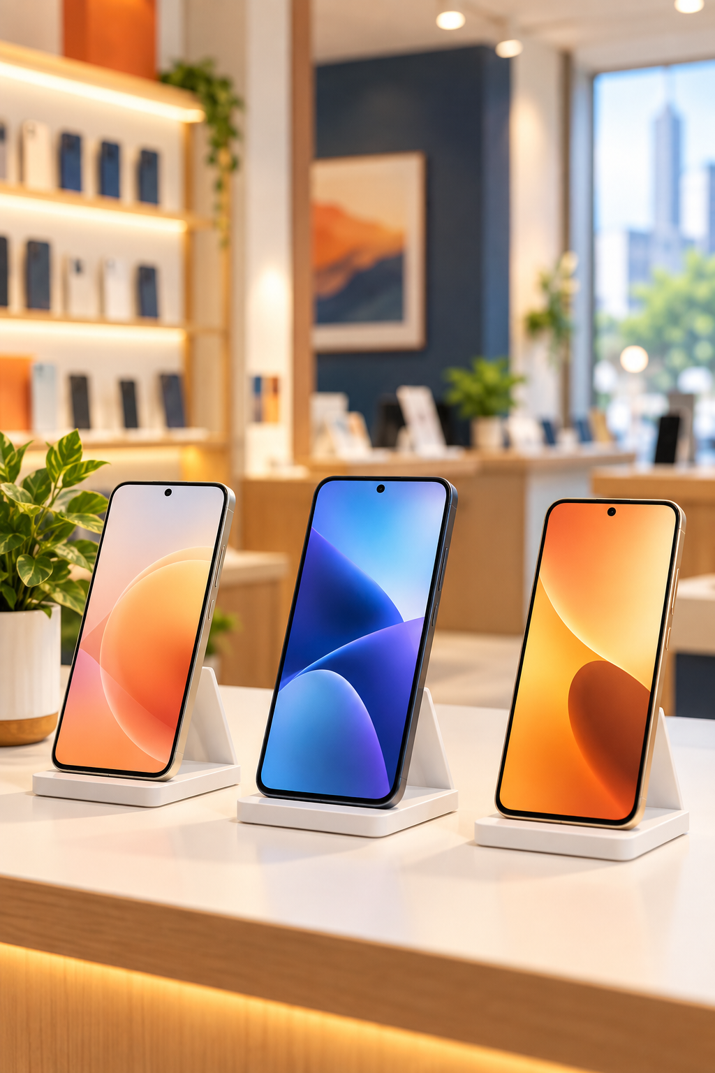 Three smartphones displayed in a modern phone shop